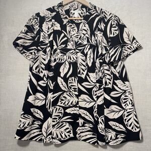 Dana Buchman Womens Short Sleeve Button Top XL Black Beige Leaf Pattern Flowy